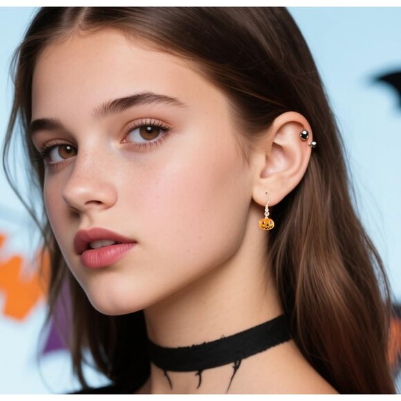 Solid 925 Sterling Silver Halloween Pumpkin Drop Earrings for Women Teens Tiny P - Picture 3 of 7